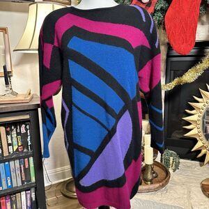 Vintage 80's Medium Women's Lambswool Angora Maxi Sweater Dress Tunic Colorful